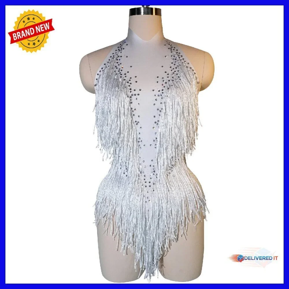 Sparkly Rhinestone Bodysuit Sleeveless Zipper Back Stretchy Dance Costume